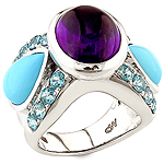 Amethyst,turquoise,zircon and silver ring.