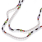 Designer single strand rope necklace with white pearls and gemstones