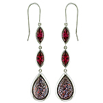Dinosaur bone and rhodolite silver earrings.