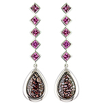 Dinosaur bone and rhodolite silver earrings.