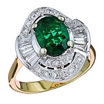 Green emerald and white diamond gold ring