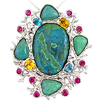 Rhodolite,chrysocolla,zircon and silver pendant