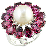 Rhodolite,pearl and silver ring.