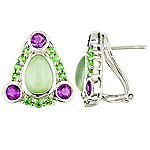 Prehnite, amethyst, tsavorite, and silver earrings.