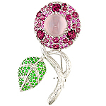 Quatz, rhodolite, sapphire, tsavorite  and silver pin.