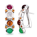 Rhodolite, hessonite, chrysoprase, moonstone, sapphire and silver earring.