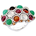 Rhodolite, hessonite, chrysoprase, moonstone, sapphire and silver ring.